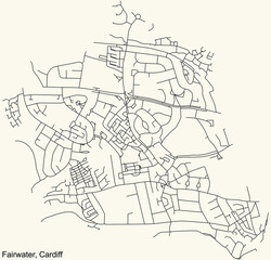 Detailed navigation urban street roads map on vintage beige background of the quarter Fairwater electoral ward of the Welsh capital city of Cardiff, United Kingdom