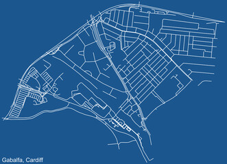 Detailed navigation urban street roads map on blue technical drawing background of the quarter Gabalfa electoral ward of the Welsh capital city of Cardiff, United Kingdom