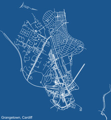 Detailed navigation urban street roads map on blue technical drawing background of the quarter Grangetown electoral ward of the Welsh capital city of Cardiff, United Kingdom