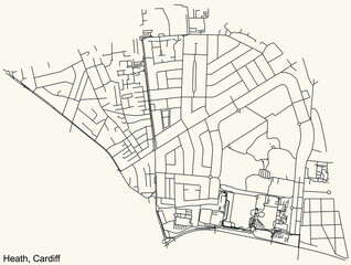Fototapeta na wymiar Detailed navigation urban street roads map on vintage beige background of the quarter Heath electoral ward of the Welsh capital city of Cardiff, United Kingdom