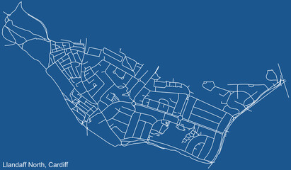 Detailed navigation urban street roads map on blue technical drawing background of the quarter Llandaff North electoral ward of the Welsh capital city of Cardiff, United Kingdom