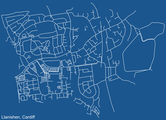 Detailed navigation urban street roads map on blue technical drawing background of the quarter Llanishen electoral ward of the Welsh capital city of Cardiff, United Kingdom