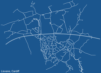 Detailed navigation urban street roads map on blue technical drawing background of the quarter Lisvane electoral ward of the Welsh capital city of Cardiff, United Kingdom