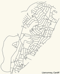 Detailed navigation urban street roads map on vintage beige background of the quarter Llanrumney electoral ward of the Welsh capital city of Cardiff, United Kingdom