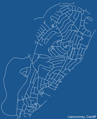 Detailed navigation urban street roads map on blue technical drawing background of the quarter Llanrumney electoral ward of the Welsh capital city of Cardiff, United Kingdom