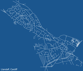 Detailed navigation urban street roads map on blue technical drawing background of the quarter Llandaff electoral ward of the Welsh capital city of Cardiff, United Kingdom