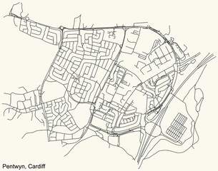 Detailed navigation urban street roads map on vintage beige background of the quarter Pentwyn electoral ward of the Welsh capital city of Cardiff, United Kingdom