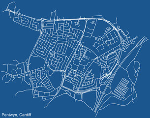 Detailed navigation urban street roads map on blue technical drawing background of the quarter Pentwyn electoral ward of the Welsh capital city of Cardiff, United Kingdom