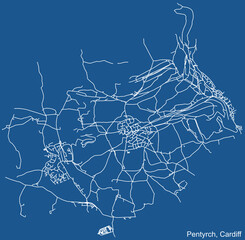 Detailed navigation urban street roads map on blue technical drawing background of the quarter Pentyrch electoral ward of the Welsh capital city of Cardiff, United Kingdom