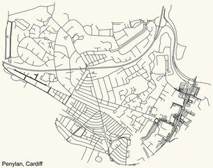 Detailed navigation urban street roads map on vintage beige background of the quarter Penylan electoral ward of the Welsh capital city of Cardiff, United Kingdom