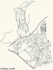 Detailed navigation urban street roads map on vintage beige background of the quarter Rhiwbina electoral ward of the Welsh capital city of Cardiff, United Kingdom