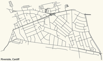 Detailed navigation urban street roads map on vintage beige background of the quarter Riverside electoral ward of the Welsh capital city of Cardiff, United Kingdom