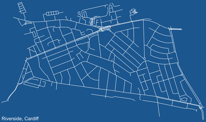 Detailed navigation urban street roads map on blue technical drawing background of the quarter Riverside electoral ward of the Welsh capital city of Cardiff, United Kingdom