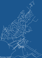 Detailed navigation urban street roads map on blue technical drawing  background of the quarter Rumney electoral ward of the Welsh capital city of Cardiff, United Kingdom