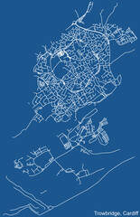 Obraz premium Detailed navigation urban street roads map on blue technical drawing background of the quarter Trowbridge electoral ward of the Welsh capital city of Cardiff, United Kingdom