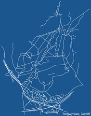 Detailed navigation urban street roads map on blue technical drawing background of the quarter Tongwynlais electoral ward of the Welsh capital city of Cardiff, United Kingdom