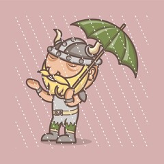 cute cartoon viking wearing umbrella playing in the rain. vector illustration for mascot logo or sticker