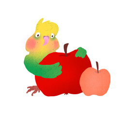 Colorful parrot with a delicious apple. Will be good to use for greeting cards, postcards, and stickers.