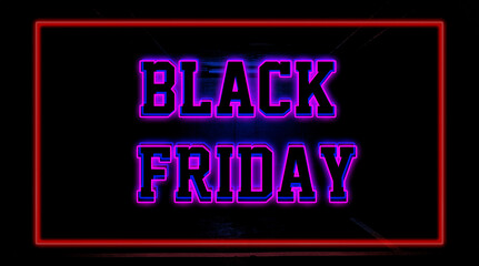 black friday with neon letters in a box with dark blue pink background