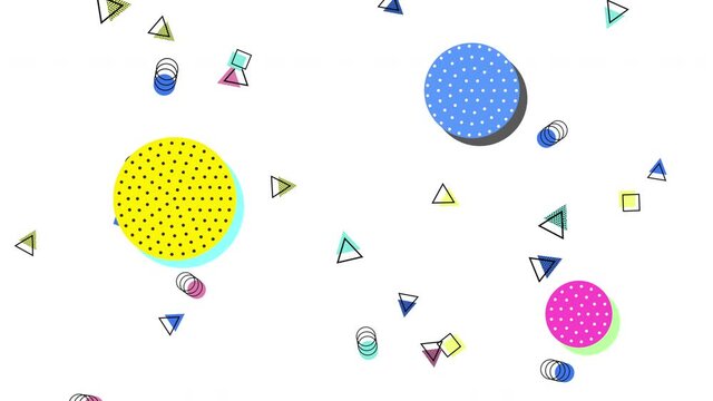 White memphis pattern with big circles and small triangles, motion abstract business and corporate style background