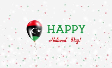 Libya National Day patriotic poster. Flying Rubber Balloon in Colors of the Libyan Flag. Libya National Day background with Balloon, Confetti, Stars, Bokeh and Sparkles.