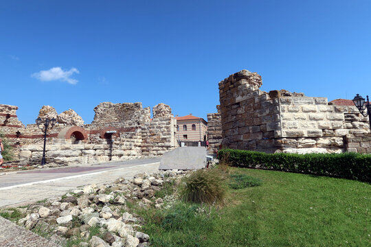 Ruins of old historical centre of the town Nesebar. Fortifications at the entrance of the city. UNESCO World heritage site Nesabar, Bulgaria