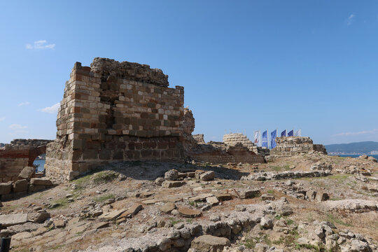 Ruins of old historical centre of the town Nesebar. Fortifications at the entrance of the city. UNESCO World heritage site Nesabar, Bulgaria