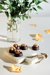 Chocolate pralines with walnut nuts on marble cutting board. Closeup on candy. Autumn arrangement with dry Fall ginkgo leaves. Natural sunlight, long shadows. Green eucalyptus twigs in glass bottle.