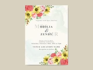 Elegant sunflower and rose watercolor wedding invitation template