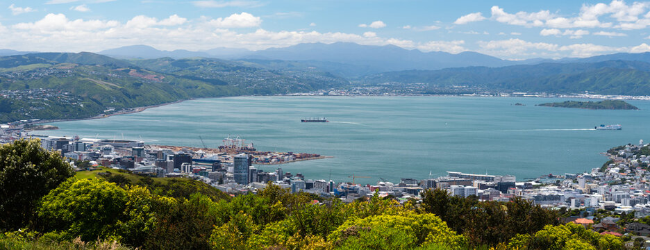 Panoramic view of Wellington Harbour, New Zealand on a sunny day