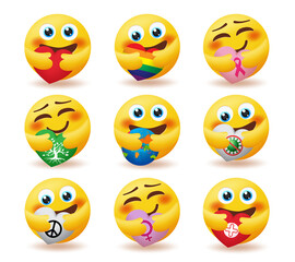 Emoji care emoticon vector set. Emoticons smiley characters in hug pose with heart elements of world, peace and nature for emojis caring character collection design. Vector illustration.
