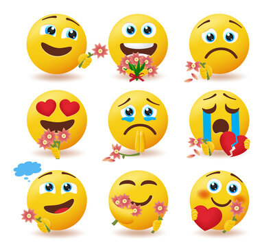 Emoji suitor characters vector set. Emoticons admirer smileys holding and giving flowers with happy and sad expression for valentine in love and broken character design. Vector illustration.

