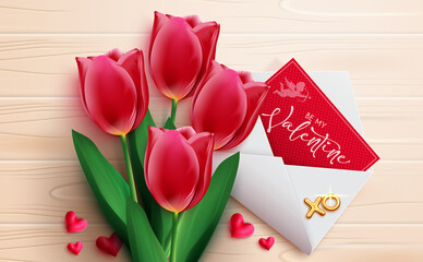 Valentines day vector concept design. Valentine's day elements of tulips bouquet and letter invitation for romantic hearts day present and postcard greeting. Vector illustration.
