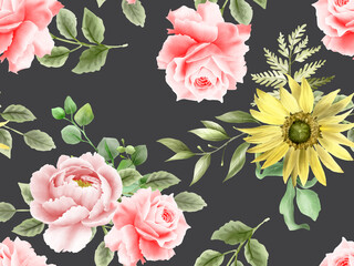 Elegant sunflower and rose watercolor seamless pattern