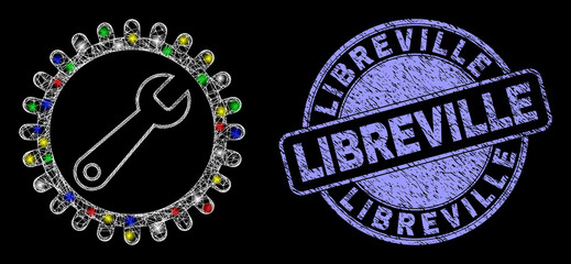 Glossy polygonal mesh net repair wrench icon with glare effect on a black background with Libreville textured stamp. Illuminated vector structure created from repair wrench icon, © Evgeny