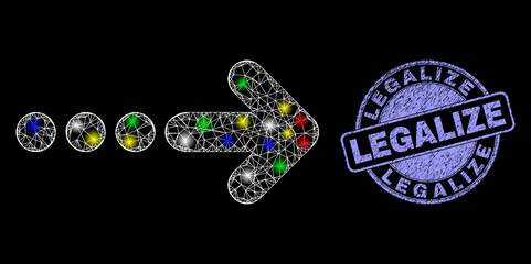 Glossy polygonal mesh net send right icon with glitter effect on a black background with Legalize dirty stamp. Illuminated vector mesh created from send right icon, © Evgeny