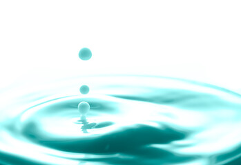 Naklejka na ściany i meble Milk droplets falling on milk surface with blue-green light effects background.