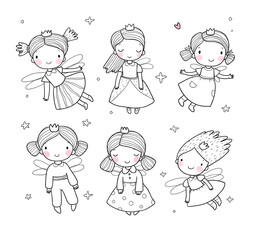 Cute little cartoon fairy girls. Elves princesses with wings. Illustration for coloring books. Vector