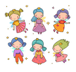 Cute little cartoon fairy girls. Elves princesses with wings. Illustration for coloring books. Vector - 469020960
