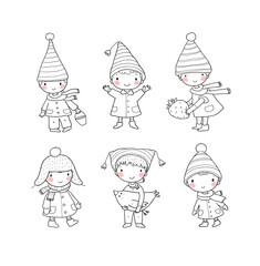 Cute cartoon gnomes . Forest elves. Little fairies. Little cheerful boys in winter hats. - 469020967