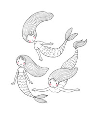 cute little mermaids. cartoon girls with fish tails. Marine theme.