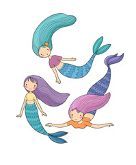 cute little mermaids. cartoon girls with fish tails. Marine theme.