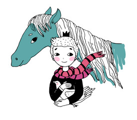 Little cartoon boy prince and horse. Fairytale character