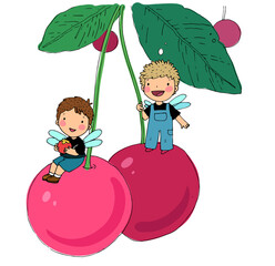 Two elf boys are sitting on a cherry tree. Cute cartoon gnomes with wings.