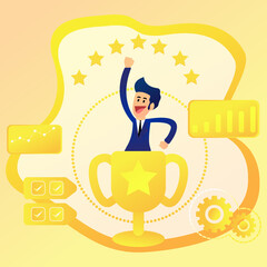 achievement office employee with gold cup  flat design vector illustration