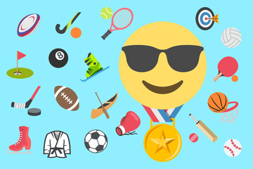 cool face emoji with gold medal amid sports icons pattern on light blue background,vector illustration