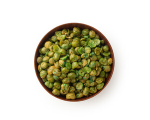 Salted green peas in wooden bowl isolated on white background with clipping path.