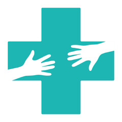 Illustration of a helping hand in a medical cross on a white background