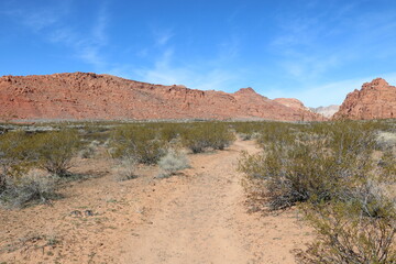 Rock formations and red rock cliffs at Johnson Canyon, Snow Canyon State Park, Utah