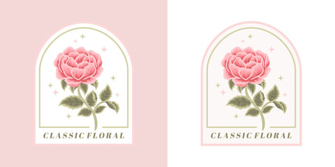 Hand drawn vintage rose flower and leaf branch feminine logo element with frame